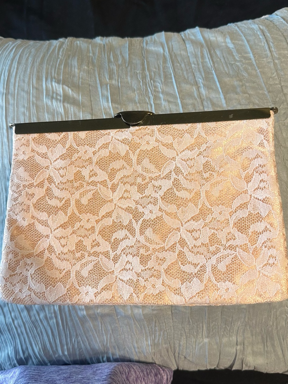 Elegant Blush Lace Frame Clutch with Metallic Trim